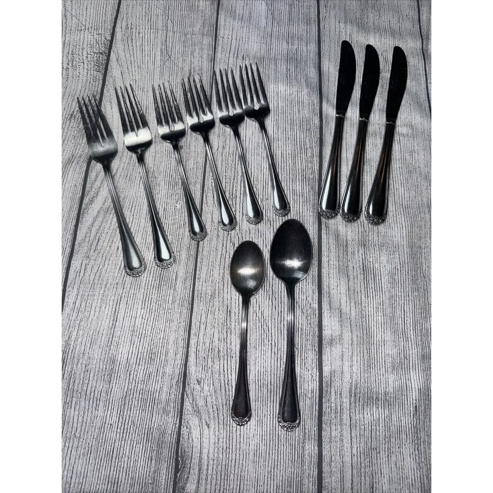 Vintage Roger's Co Stainless Rose Trio Floral Knives Forks Spoon Flatware Lot